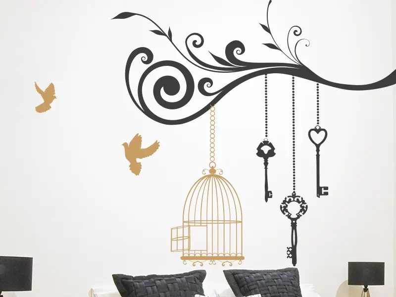 Sticker mural Branches Branche Cage Oiseaux 4 résultat en situation gros plan Sticker Branche Cage Oiseaux 4