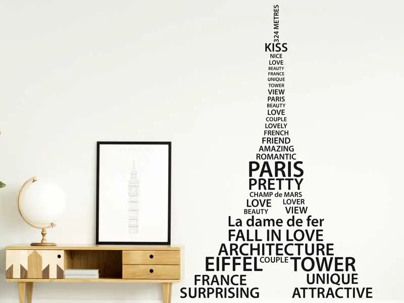 Autocolante Torre Eiffel Text Paris résultat en situation gros plan Autocolante Torre Eiffel Text Paris