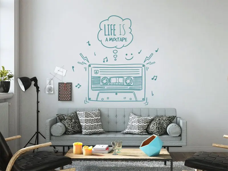 Sticker mural Disco & Pop Musique Cassette Vintage résultat en situation Sticker Musique Cassette Vintage