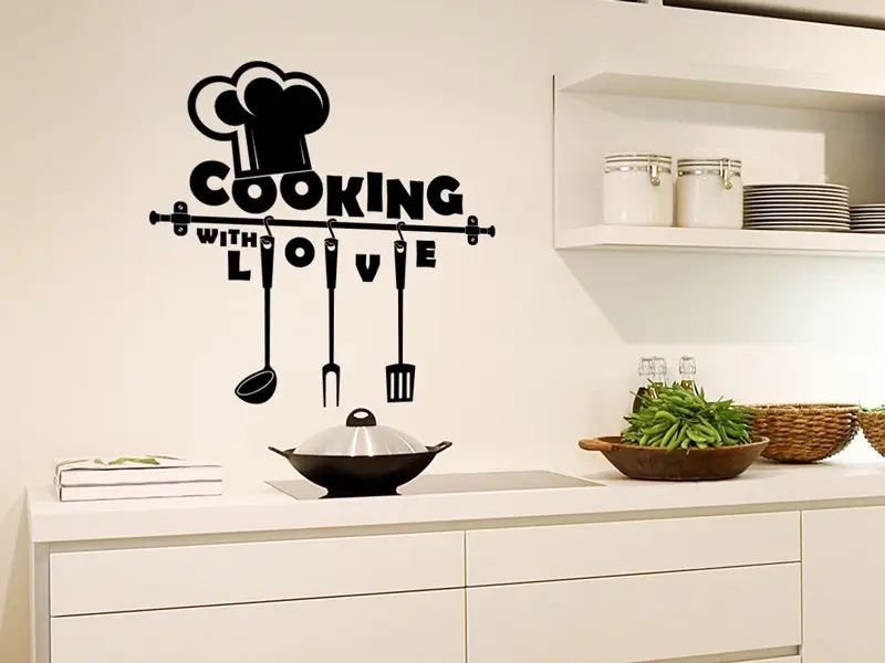 Sticker mural Chef - Ustensiles Cooking with love ustensiles résultat en situation Sticker Cooking with love ustensiles