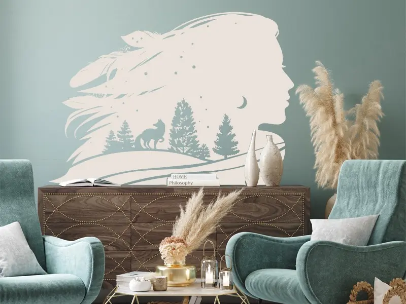 Sticker mural Silhouettes Paysage Forêt Indienne Boho résultat en situation Sticker Paysage Forêt Indienne Boho