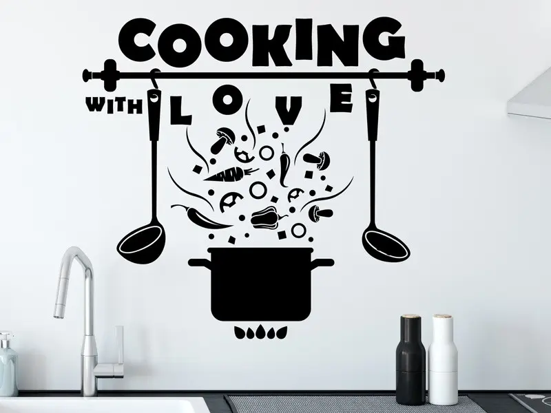 Sticker mural Chef - Ustensiles Cooking with love casserole résultat en situation gros plan Sticker Cooking with love casserole