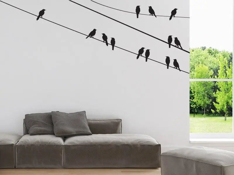 Sticker mural Stickers Oiseaux Oiseaux sur le fil résultat en situation Sticker Oiseaux sur le fil
