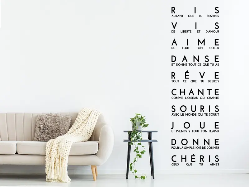 Sticker mural Motivation Citation Ris, Vis, Aime... résultat en situation Sticker Citation Ris, Vis, Aime...