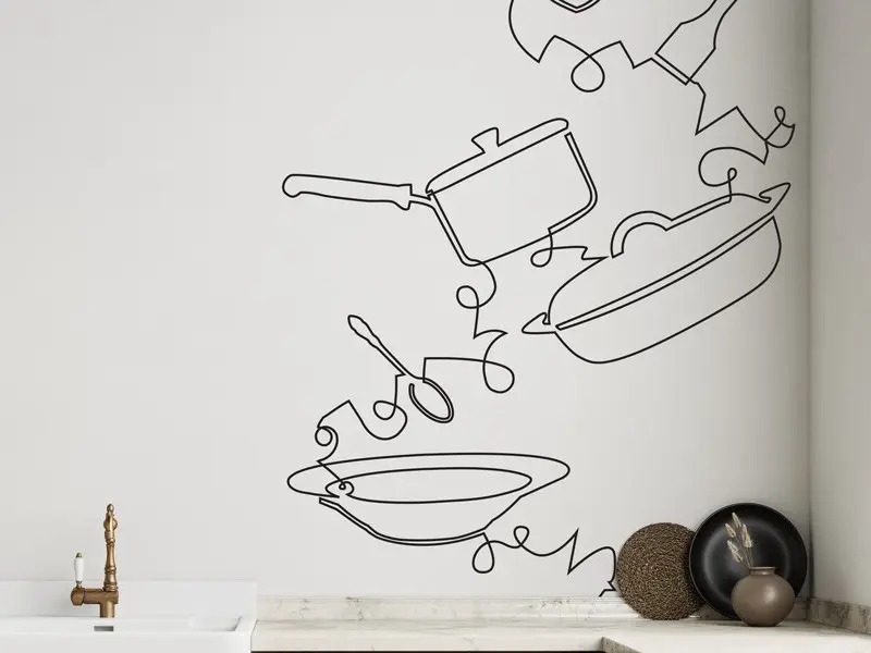 Sticker mural Chef - Ustensiles Cuisine couverts casseroles résultat en situation gros plan Sticker Cuisine couverts casseroles