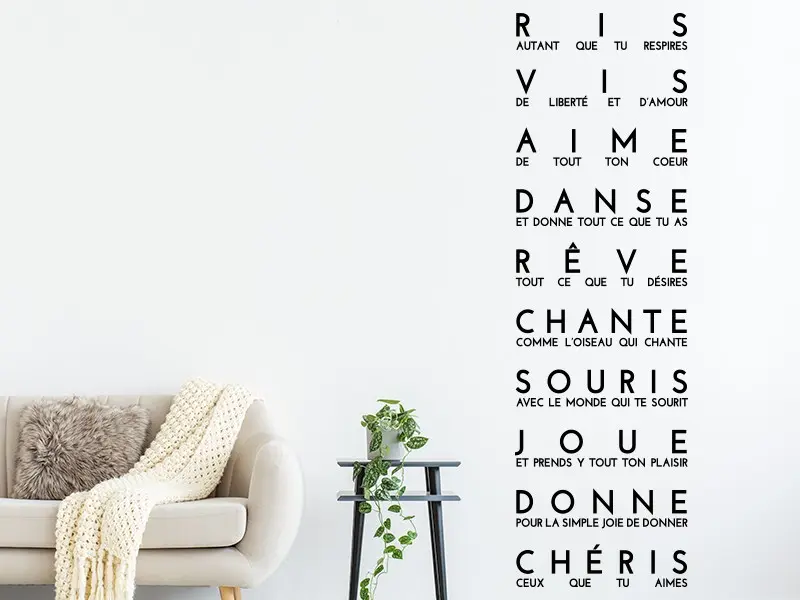 Sticker mural Motivation Citation Ris, Vis, Aime... résultat en situation gros plan Sticker Citation Ris, Vis, Aime...