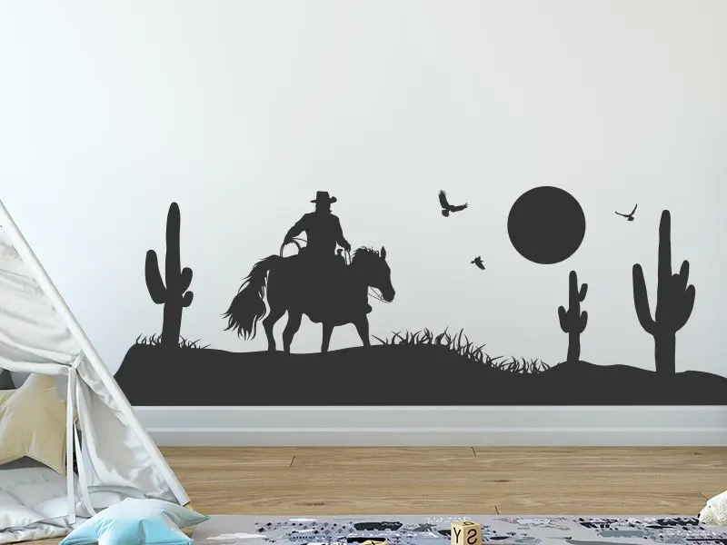 Sticker mural Chevaliers / Cowboys / Héros Paysage Cowboy Cactus résultat en situation gros plan Sticker Paysage Cowboy Cactus