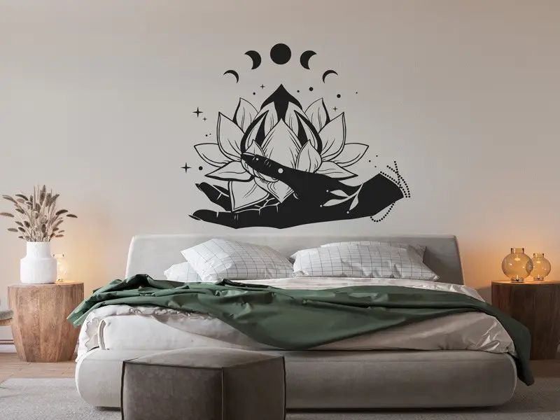Sticker mural Symboles et Figures Main Fleur de Lotus Zen résultat en situation Sticker Main Fleur de Lotus Zen