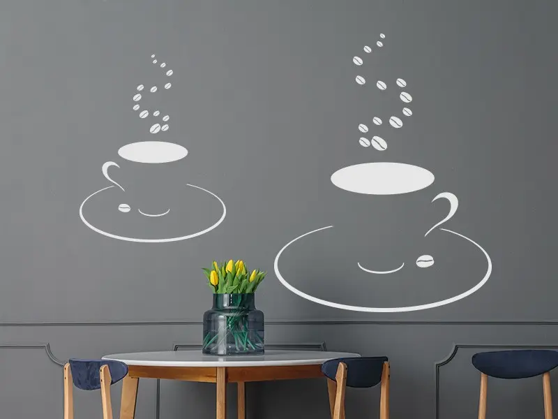 Sticker mural Thé - Café Tasse Café Grains résultat en situation Sticker Tasse Café Grains