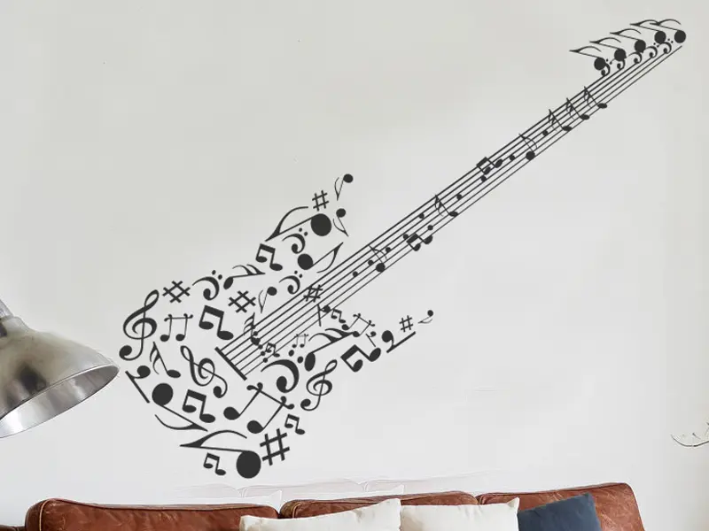Autocolante Guitara Notas de música résultat en situation gros plan Autocolante Guitara Notas de música