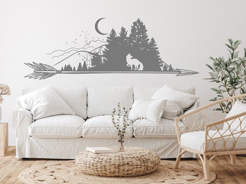 Autocolante de parede Paisagem Lobo com lua Boho