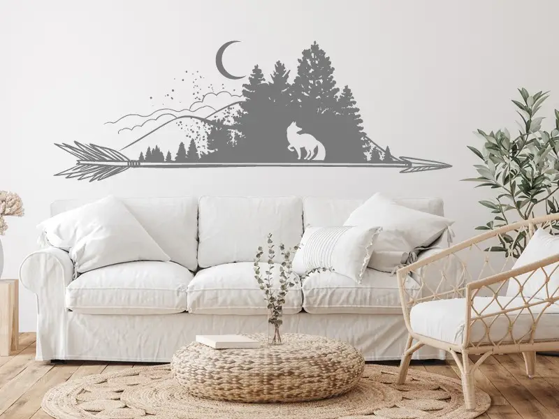 Autocolante de parede Paisagem Lobo com lua Boho Autocolante de parede Paisagem Lobo com lua Boho
