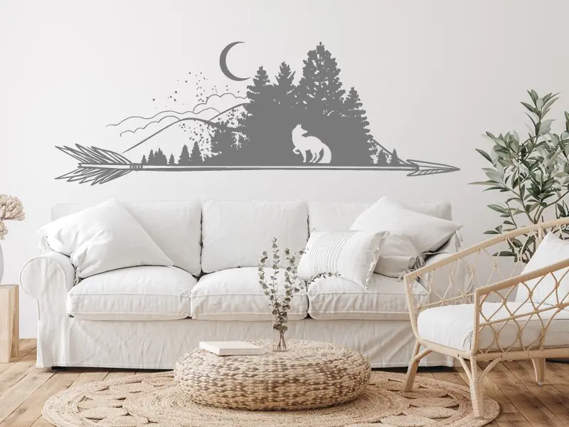 Sticker mural Paysages & Skylines Paysage nuit loup et lune Boho résultat en situation Sticker Paysage nuit loup et lune Boho