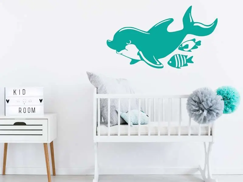 Sticker mural Sous la Mer Dauphin & Poissons résultat en situation Sticker Dauphin & Poissons