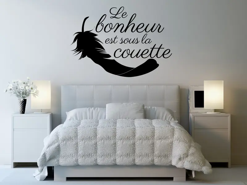 Sticker mural Citações de Amor Le Bonheur est sous la couette résultat en situation Sticker Le Bonheur est sous la couette