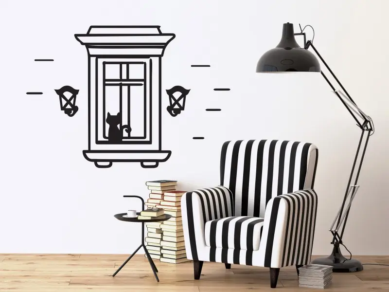 Sticker mural Vintage - Urbain Chat à la fenêtre résultat en situation Sticker Chat à la fenêtre