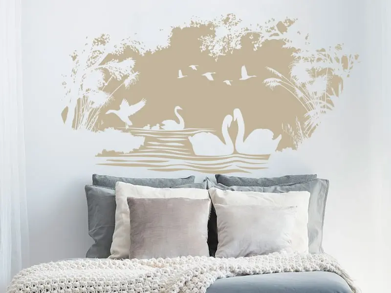 Sticker mural Paysages & Skylines Paysage Lac Cygnes et Canards résultat en situation gros plan Sticker Paysage Lac Cygnes et Canards