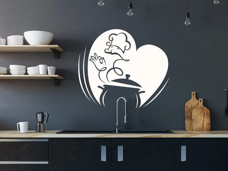 Sticker mural Chef - Ustensiles Chef avec casserole résultat en situation Sticker Chef avec casserole