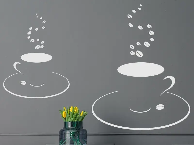 Sticker mural Thé - Café Tasse Café Grains résultat en situation gros plan Sticker Tasse Café Grains