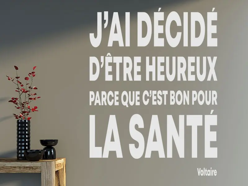 Sticker mural Citations d'Auteur Citation J'ai décidé d'être Heureux de Voltaire résultat en situation gros plan Sticker Citation J'ai décidé d'être Heureux de Voltaire