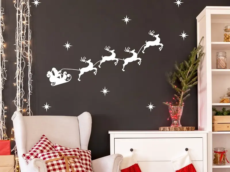 Sticker mural Noël Traineau de Noël Flocons résultat en situation Sticker Traineau de Noël Flocons