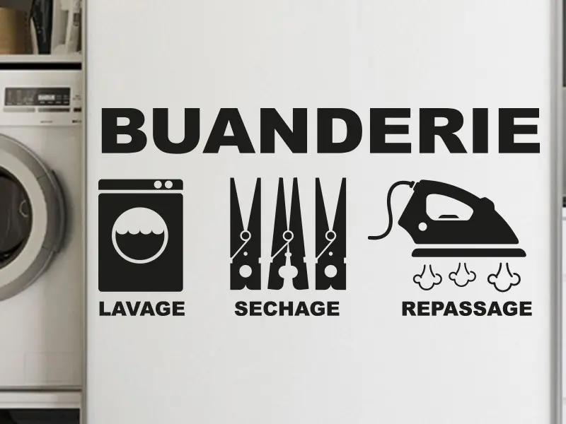 Sticker mural Casa do banho & WC Buanderie Lavage, Séchage, Repassage résultat en situation gros plan Sticker Buanderie Lavage, Séchage, Repassage