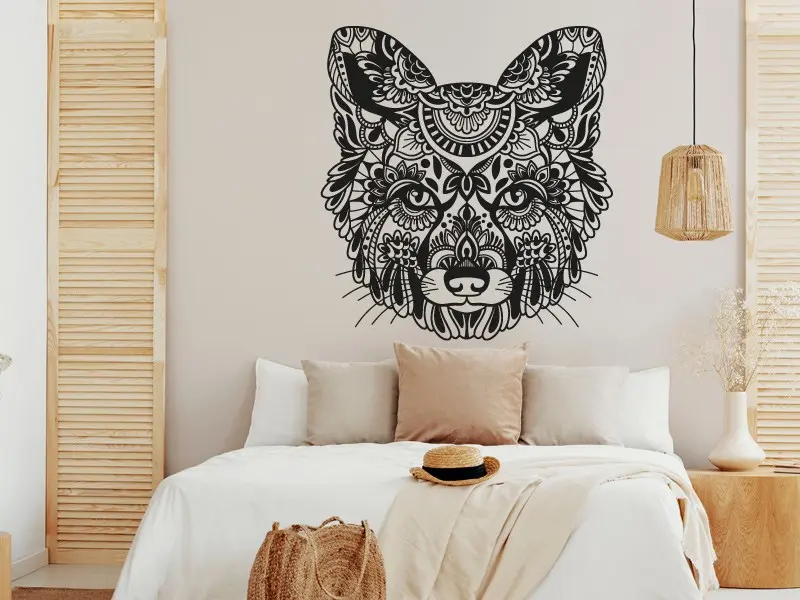 Sticker mural Sur la Terre Tête Renard Mandala résultat en situation Sticker Tête Renard Mandala