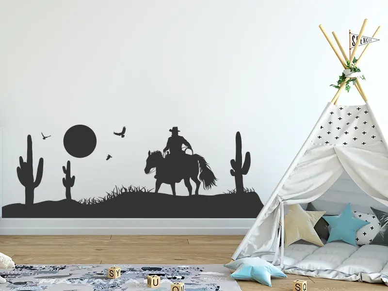 Sticker mural Chevaliers / Cowboys / Héros Paysage Cowboy Cactus résultat en situation Sticker Paysage Cowboy Cactus