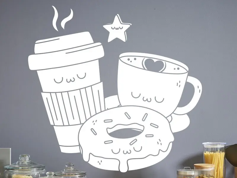 Autocolante Donuts Coffee résultat en situation gros plan Autocolante Donuts Coffee