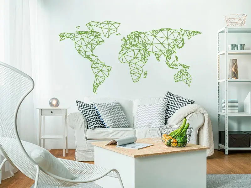 Sticker mural Origami - Géométrie Mappemonde Géométrique résultat en situation Sticker Mappemonde Géométrique