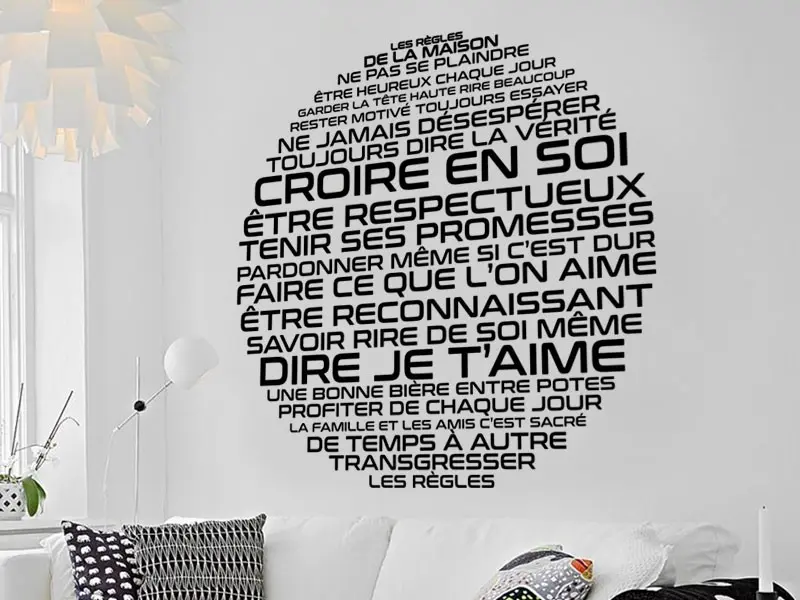 Sticker mural Motivation Les Règles de la Maison Rond résultat en situation gros plan Sticker Les Règles de la Maison Rond