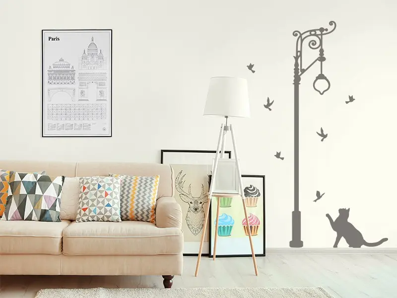 Sticker mural Vintage - Urbain Réverbère Chat résultat en situation Sticker Réverbère Chat