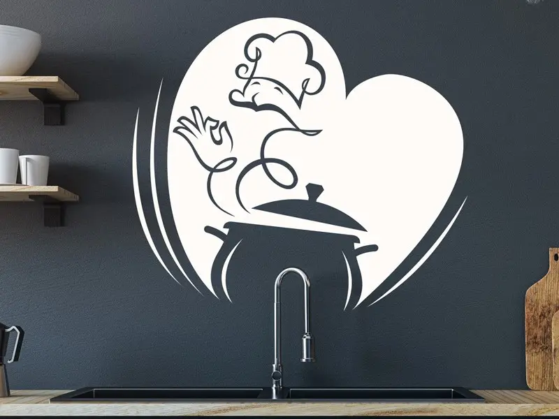 Sticker mural Chef - Ustensiles Chef avec casserole résultat en situation gros plan Sticker Chef avec casserole