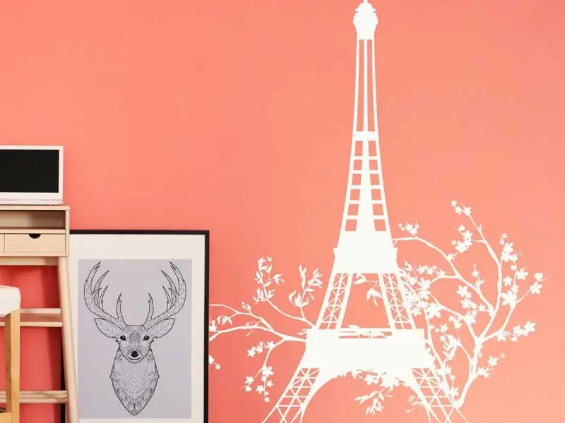 Sticker mural Emblèmes - Capitales Tour Eiffel Floral résultat en situation gros plan Sticker Tour Eiffel Floral