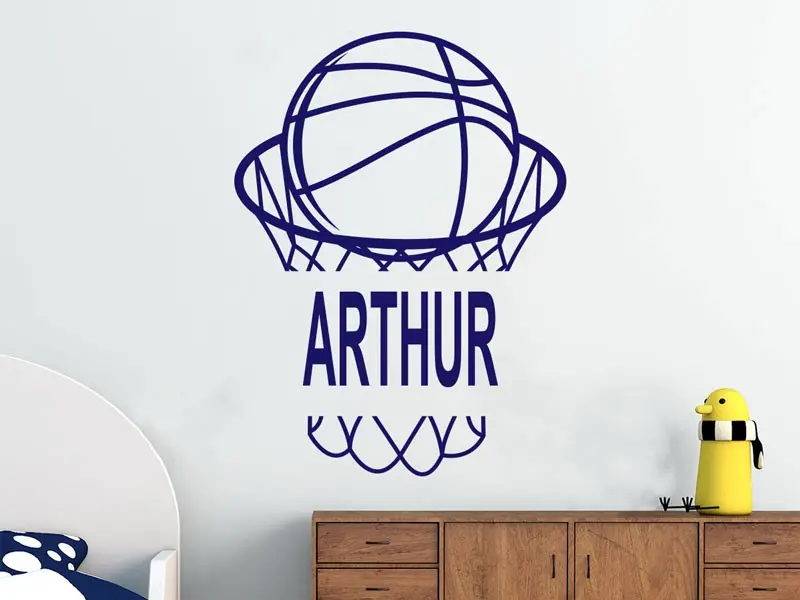 Sticker mural Prénoms Panier et balle de Basketball personnalisable résultat en situation Sticker Panier et balle de Basketball personnalisable