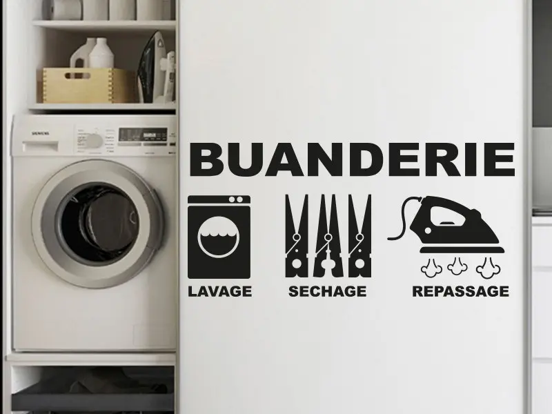 Sticker mural Stickers WC & Salle de bain Buanderie Lavage, Séchage, Repassage résultat en situation Sticker Buanderie Lavage, Séchage, Repassage