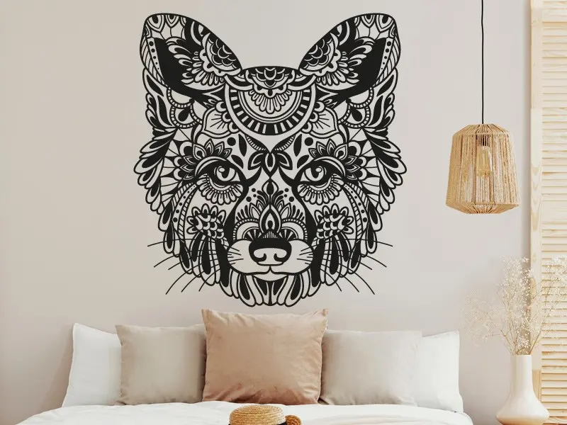 Sticker mural Sur la Terre Tête Renard Mandala résultat en situation gros plan Sticker Tête Renard Mandala