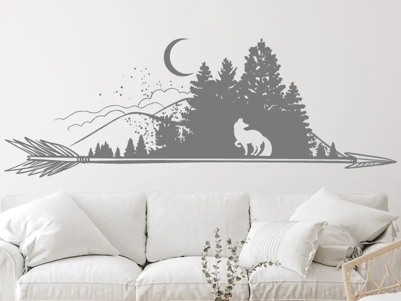 Autocolante Paisagem Lobo com lua Boho résultat en situation gros plan Autocolante Paisagem Lobo com lua Boho