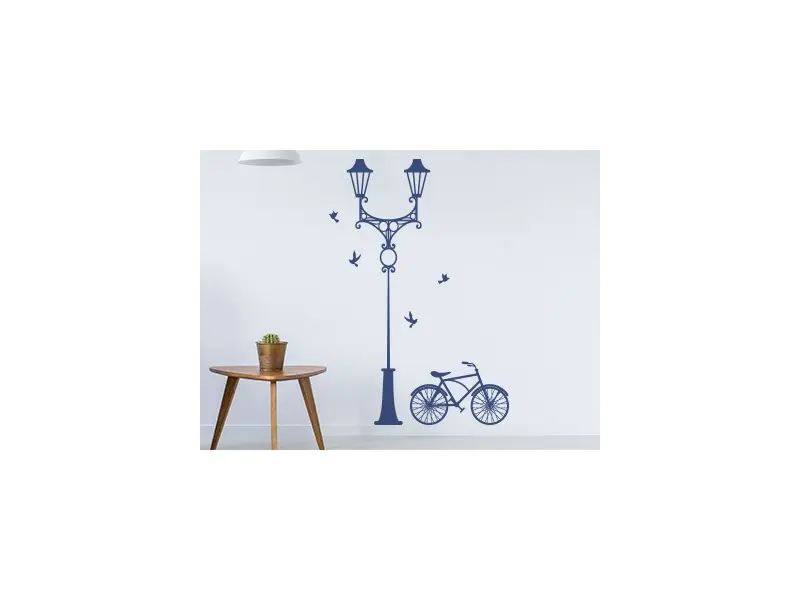 Sticker mural Vintage - Urbain Réverbère et Vélo résultat en situation gros plan Sticker Réverbère et Vélo