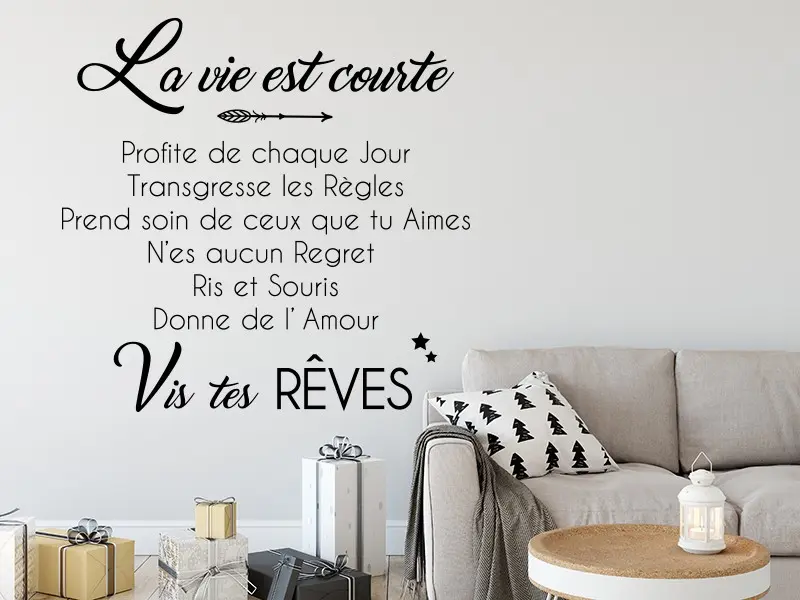 Sticker mural Citation La Vie est courte résultat en situation