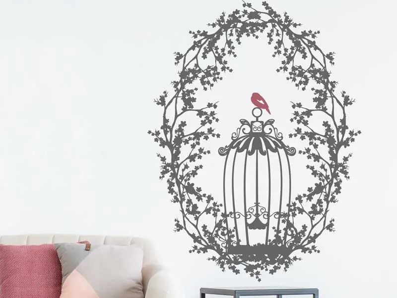 Sticker mural Stickers Oiseaux Cage Oiseaux Floral 3 résultat en situation gros plan Sticker Cage Oiseaux Floral 3