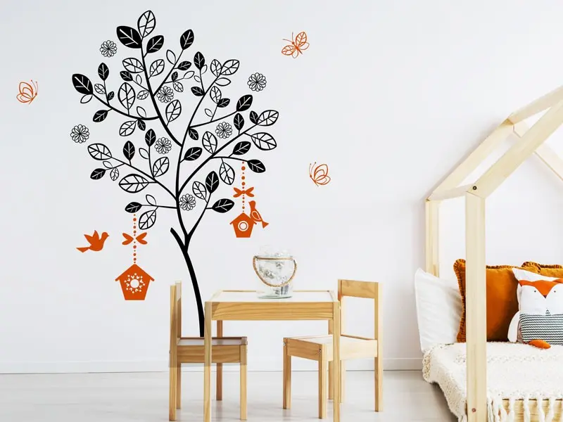 Sticker mural Stickers Arbres Arbre d'été Cages oiseaux résultat en situation Sticker Arbre d'été Cages oiseaux