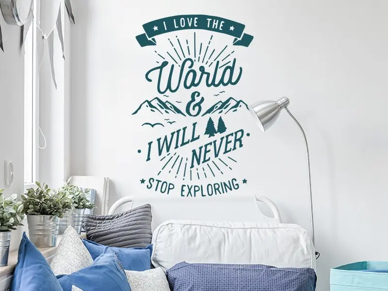 Sticker mural Motivation Citation Explore the World résultat en situation Sticker Citation Explore the World
