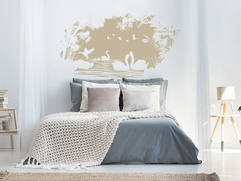 Sticker mural Paysages & Skylines Paysage Lac Cygnes et Canards résultat en situation Sticker Paysage Lac Cygnes et Canards