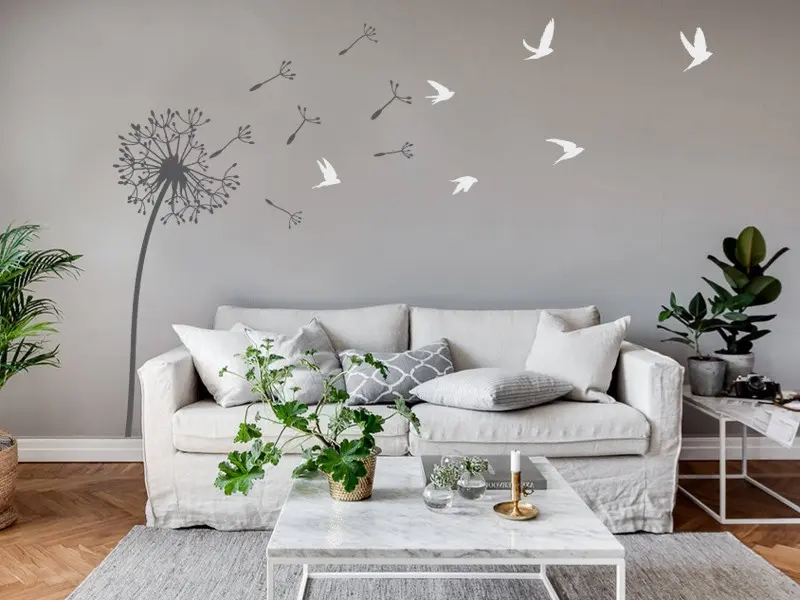 Sticker mural Stickers muraux fleurs Pissenlit Oiseaux résultat en situation Sticker Pissenlit Oiseaux