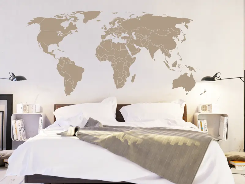 Sticker mural Cartes du Monde Planisphère Mappemonde Frontières résultat en situation Sticker Planisphère Mappemonde Frontières