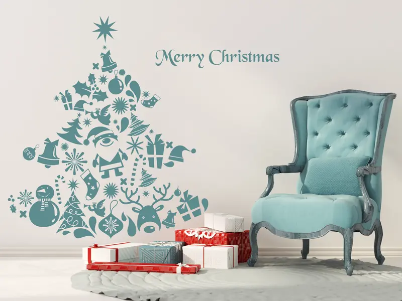 Sticker mural Noël Sapin de Noël Cadeaux résultat en situation Sticker Sapin de Noël Cadeaux