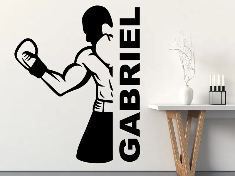 Autocolante de parede Silhueta de lutador de boxe com texto personalizável
