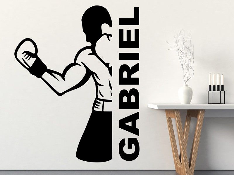 Autocolante de parede Silhueta de lutador de boxe com texto personalizável