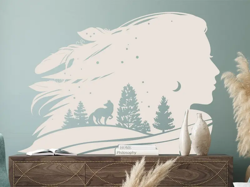 Sticker mural Silhouettes Paysage Forêt Indienne Boho résultat en situation gros plan Sticker Paysage Forêt Indienne Boho